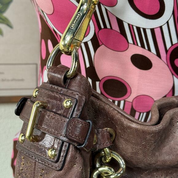 Coach Brown Leather Gold Distressed Hobo Bag Purse McBling Boho Y2k 2000s - Picture 5 of 15